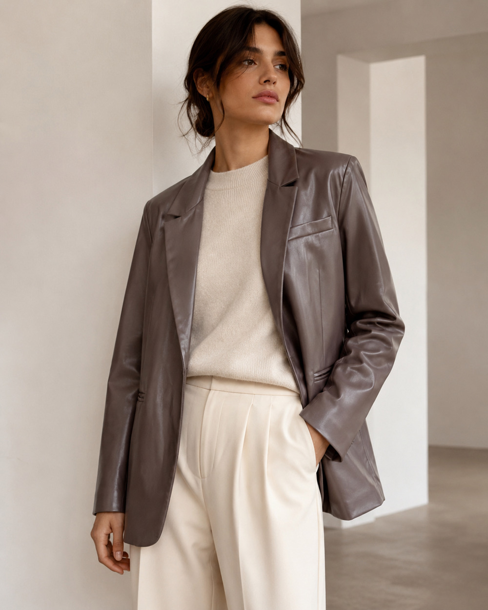 Womens Faux Leather Coat Medium Brown Y2K Minimalist Quiet Luxury Capsule